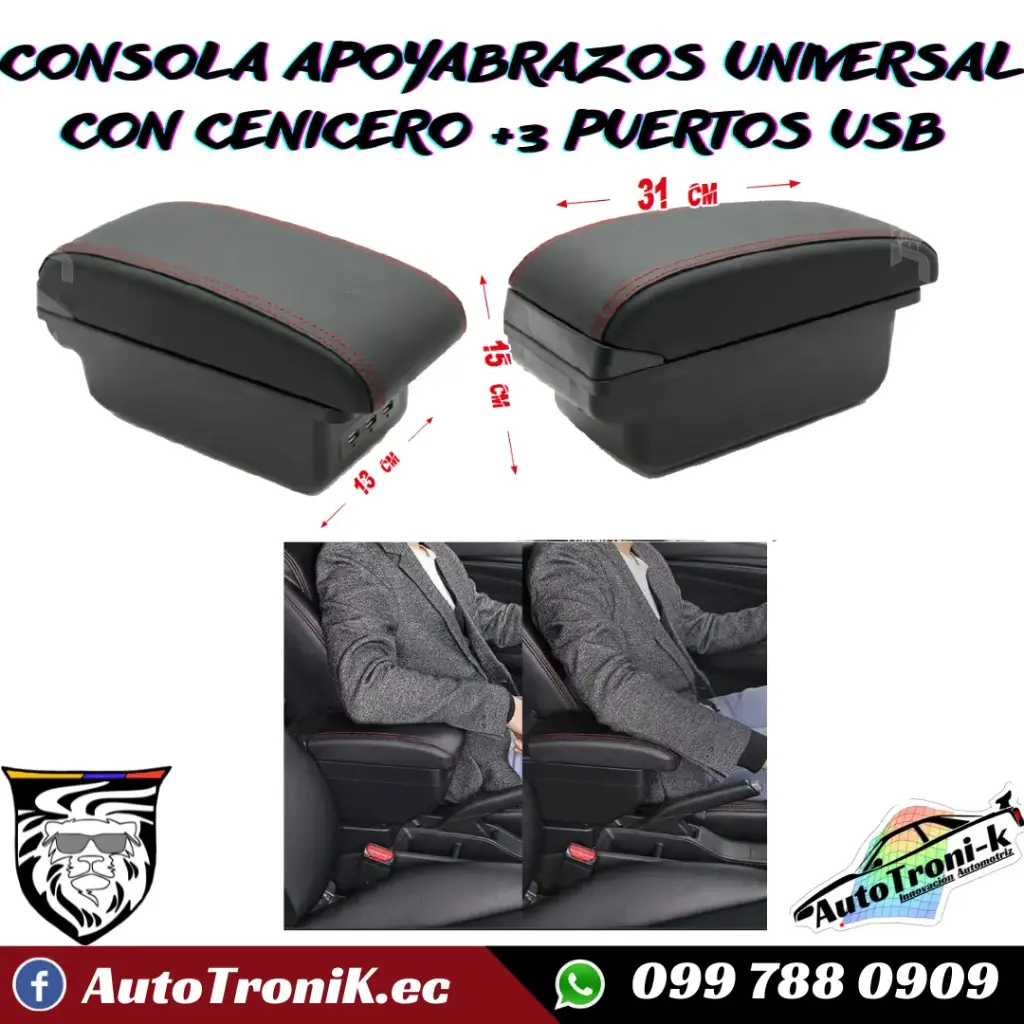 CONSOLA APOYABRAZOS UNIVERSAL CON CENICERO +3 PUERTOS USB 