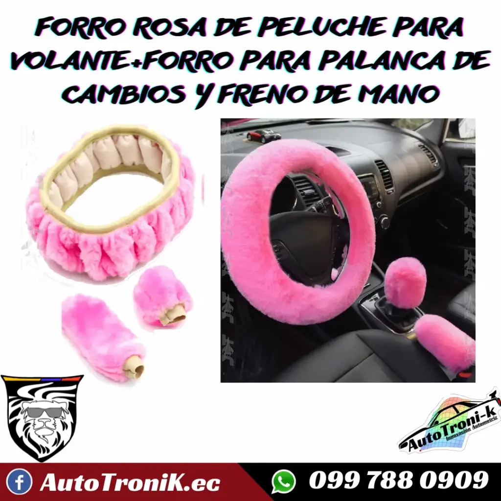 FORRO ROSA DE PELUCHE PARA VOLANTE+FORRO PARA PALANCA DE CAMBIOS Y FRENO DE MANO