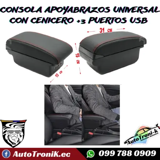 CONSOLA APOYABRAZOS UNIVERSAL CON CENICERO +3 PUERTOS USB 