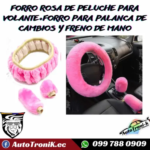 FORRO ROSA DE PELUCHE PARA VOLANTE+FORRO PARA PALANCA DE CAMBIOS Y FRENO DE MANO